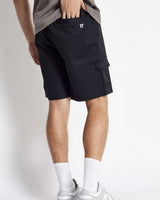 Black woven cargo shorts with flap cargo pocket and stitched side utility pocket