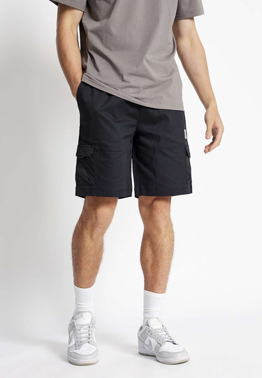 Black woven cargo shorts with side cargo pockets and straight hem