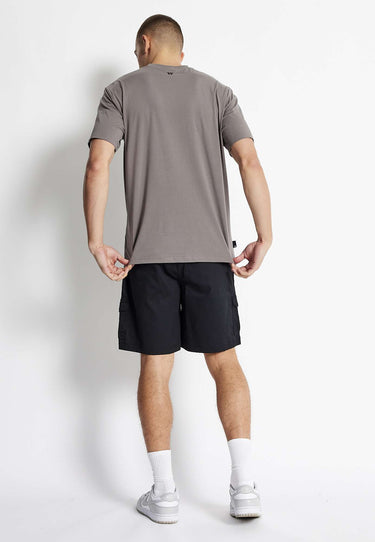 Black cargo shorts, back view, with side pockets and utility pocket details
