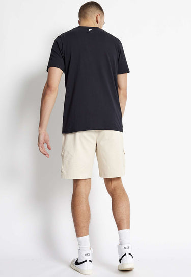 Stone woven cargo shorts, back view with cargo pocket flap