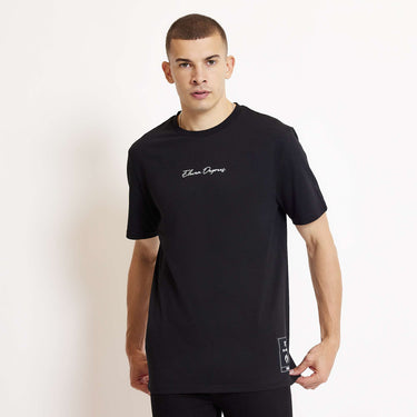 Black crew-neck T-shirt with small front city graphic print