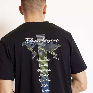 Black T-shirt back graphic with colorful world map and script