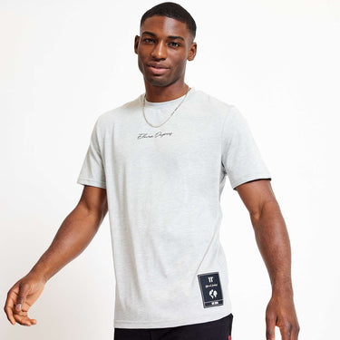 Grey marl graphic T-shirt with small script chest logo and dark front patch pocket