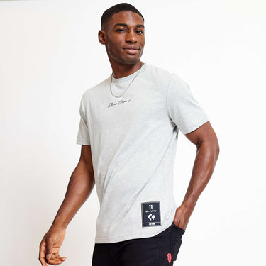 Grey marl T-shirt with script chest logo and rectangular front graphic patch
