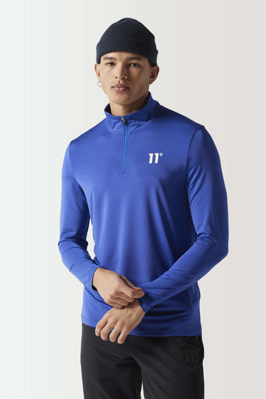 Cobalt space-dye quarter-zip long-sleeve pullover with 11° logo on chest