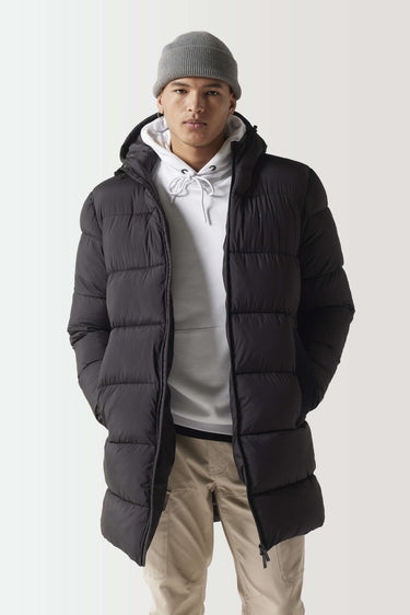 Black puffer jacket with attached hood, front zipper, and side zip pocket
