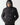 Black micro puffer jacket with hood and ribbed inner lining, zip front