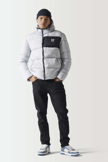 Micro puffer jacket with black front panel, hood, full zip; white/gray body