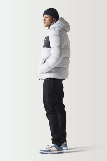 Micro puffer jacket in white/gray with black side panel, hood, full zip