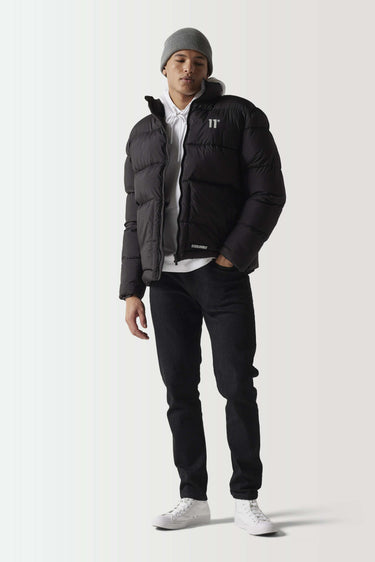 Black panel puffer jacket with full-zip front and quilted padding, logo on chest