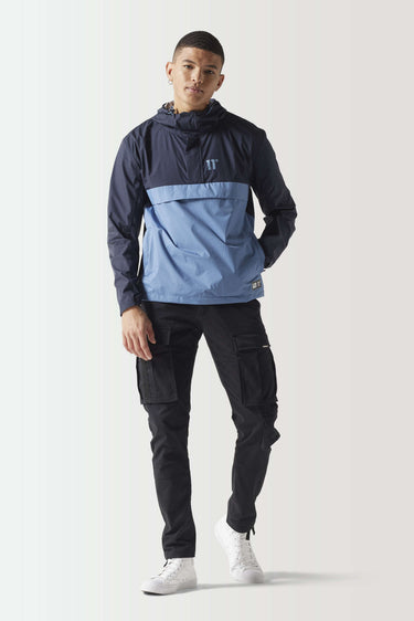 Color-block hooded pullover jacket, navy upper and light blue front panel