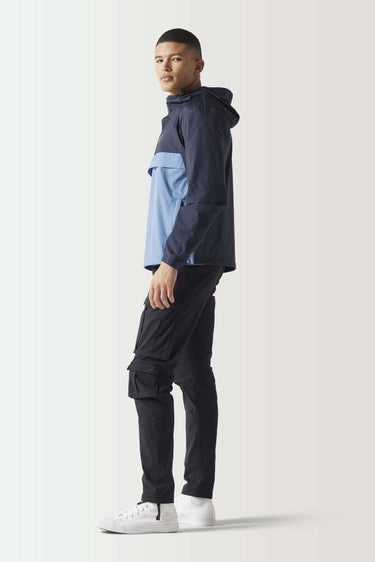 Navy and light blue color-block hooded pullover jacket, side view