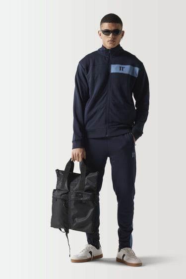 Navy full-zip sweat top with light blue chest panel and front zipper