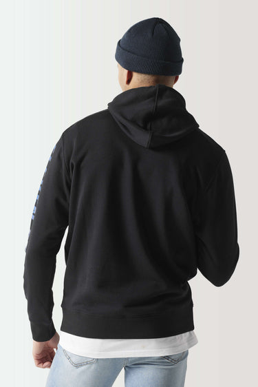 Black pullover hoodie with blue graphic print on back and adjustable hood.