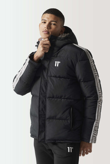 Black puffer jacket with zip front, hood, and 11° chest mark
