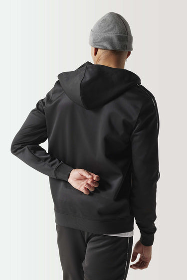 Black full-zip hoodie back view with hood and stitched seams