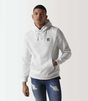 White pullover hoodie with drawstring hood and small black '11°' chest logo