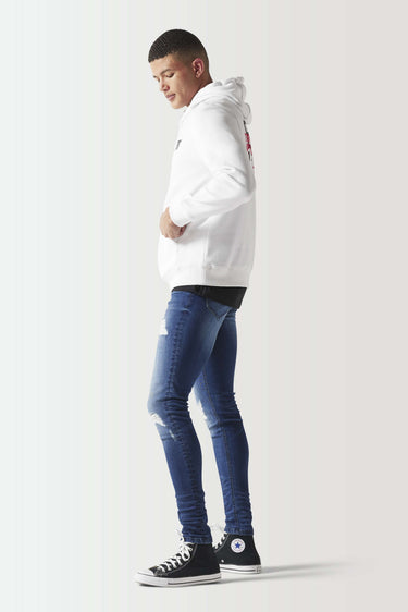 White pullover hoodie with kangaroo pocket, drawstring hood, long sleeves