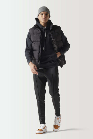 Black pullover hoodie with drawstring hood and kangaroo pocket, front view
