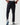 Black track pants held at waist, front crease and cuffed hems