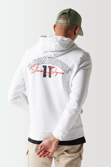 White hoodie with back graphic print and drawstring hood, black ribbed hem