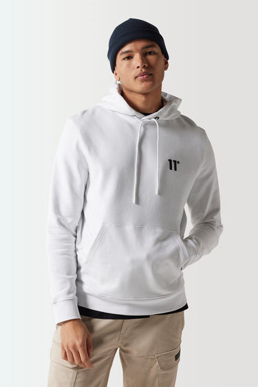 White pullover hoodie with drawstring hood and small chest logo.