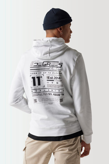 White hoodie back view with large graphic text and map-style layout.