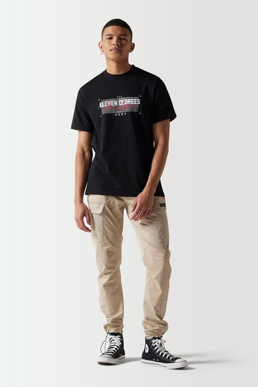 Black crewneck t-shirt with front graphic print, short sleeves