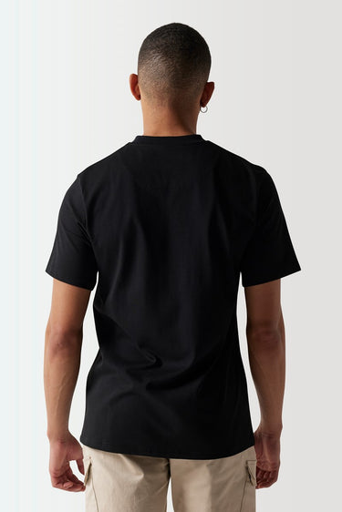 Black crewneck t-shirt, short sleeves; plain back view