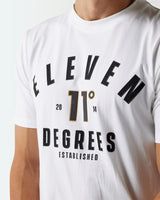 White crewneck t-shirt close-up of Eleven 11° Degrees print