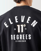 Black crewneck sweatshirt back graphic with ELEVEN DEGREES text