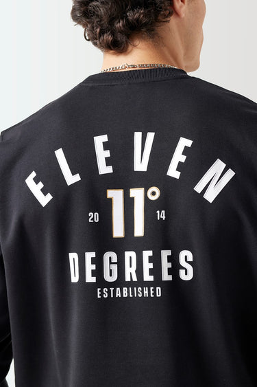 Black crewneck sweatshirt back graphic with ELEVEN DEGREES text