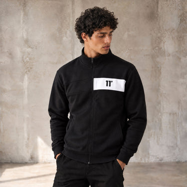 Black and white colour-block full-zip sweatshirt with stand collar and front zipper