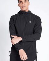 Men's black tech jacket with full zip and hood, '11°' logo on chest