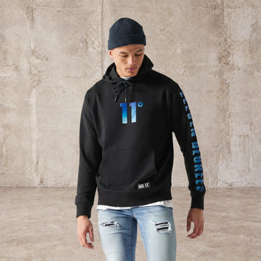 Black gradient hoodie with front '11°' print and blue side sleeve lettering