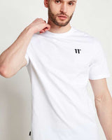 White crew-neck core t-shirt with short sleeves and '11' chest logo, close-up