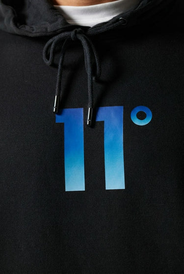 Black hoodie front view with blue gradient '11' graphic and drawstring hood.
