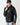 Black hoodie with blue front logo, blue sleeve text, and drawstring hood.