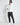 White hooded puffer jacket with front zip, black contrast trim and 11° logo