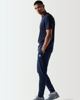 Navy core T-shirt with crew neck and short sleeves, side view