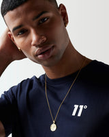 Navy core T-shirt close-up with 11° logo on the chest
