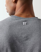 Charcoal marl back of crew-neck T-shirt with 11° logo at center neck