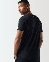 Black crew-neck muscle-fit T-shirt with '11' chest logo, short sleeves.