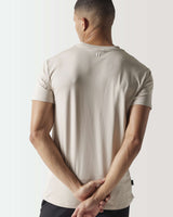 Cool sand men's core muscle fit t-shirt, back view with small logo at upper back