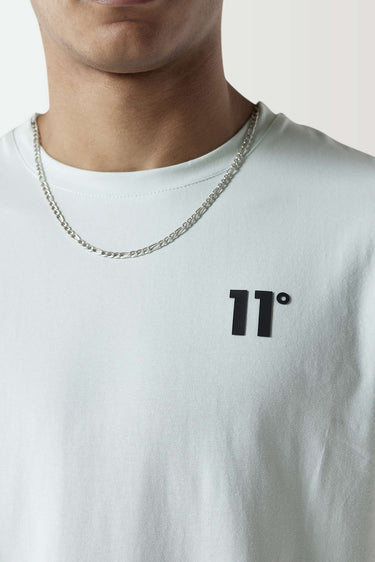 Men's fitted crewneck T-shirt, light glacier green, front 11° chest logo.