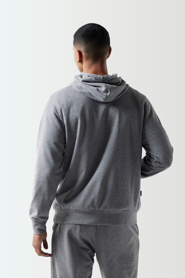 Charcoal marl pullover hoodie, back view with drawstring hood and kangaroo pocket