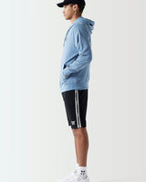 Light blue hoodie with hood and front pocket, side profile