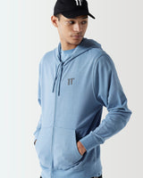 Light blue hoodie with drawstring hood and front pocket, worn front