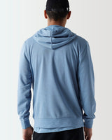 Light blue hoodie with hood and long sleeves, back view