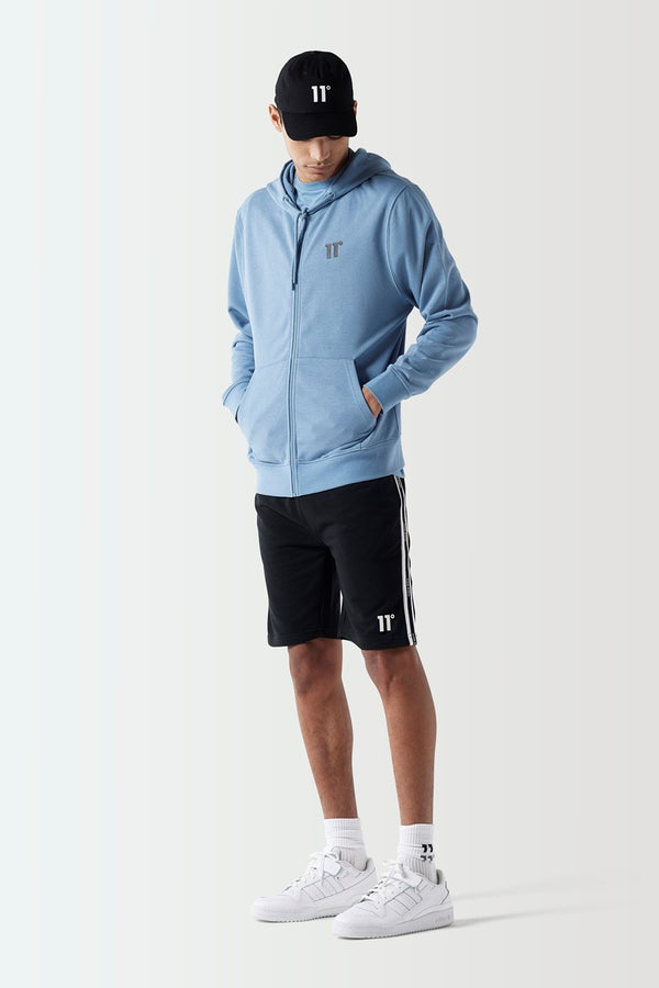 Light blue hoodie with drawstring hood and front pocket, full-body view